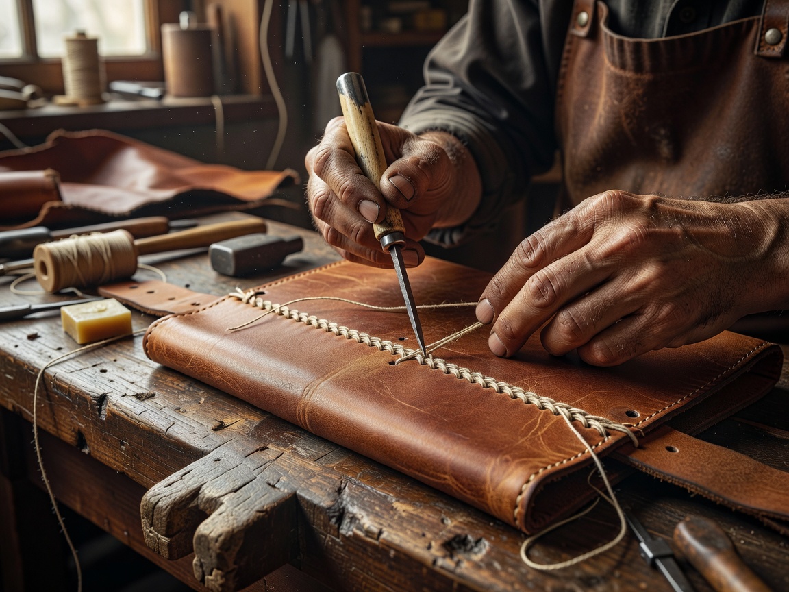 Close view of a leather worker hand stitching a panel