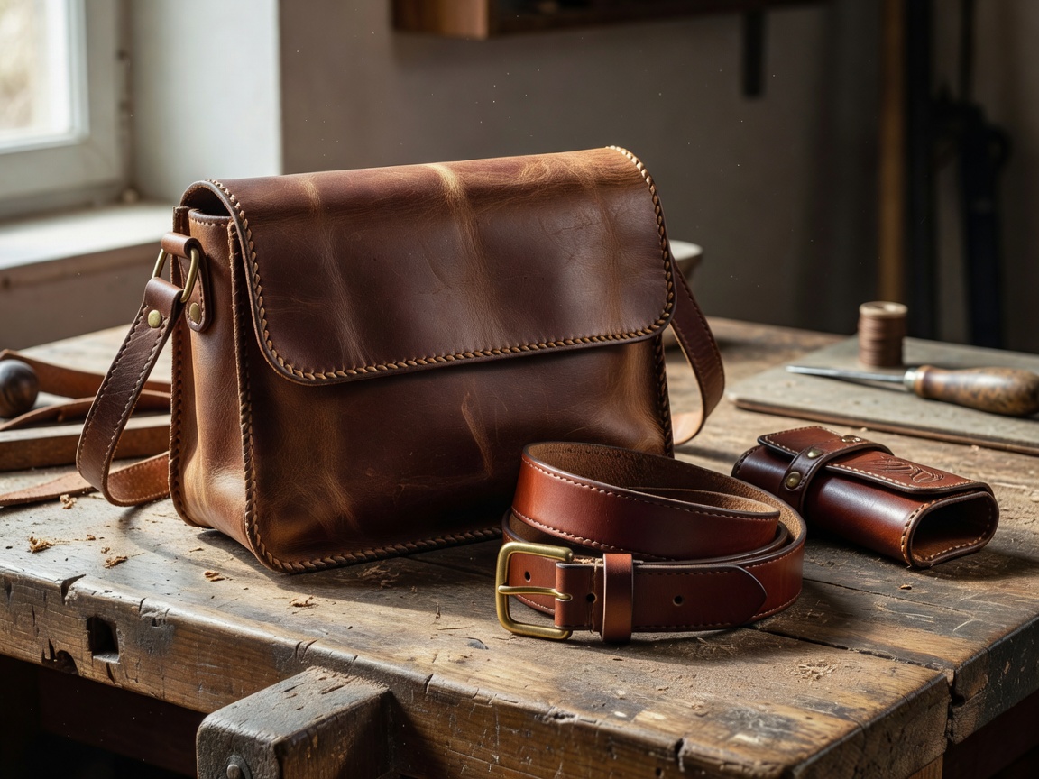 Handmade leather bag, belt and small case displayed on a work table