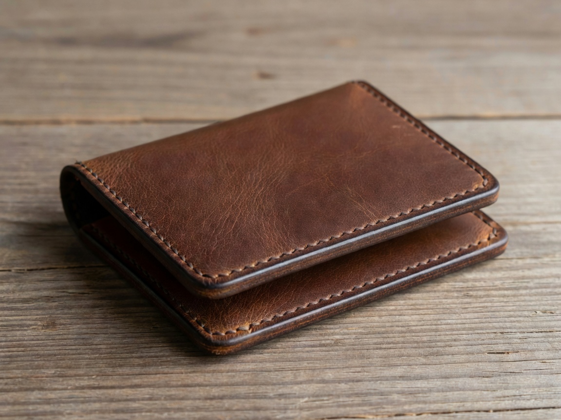 Handmade leather wallet with visible stitching and finished edges