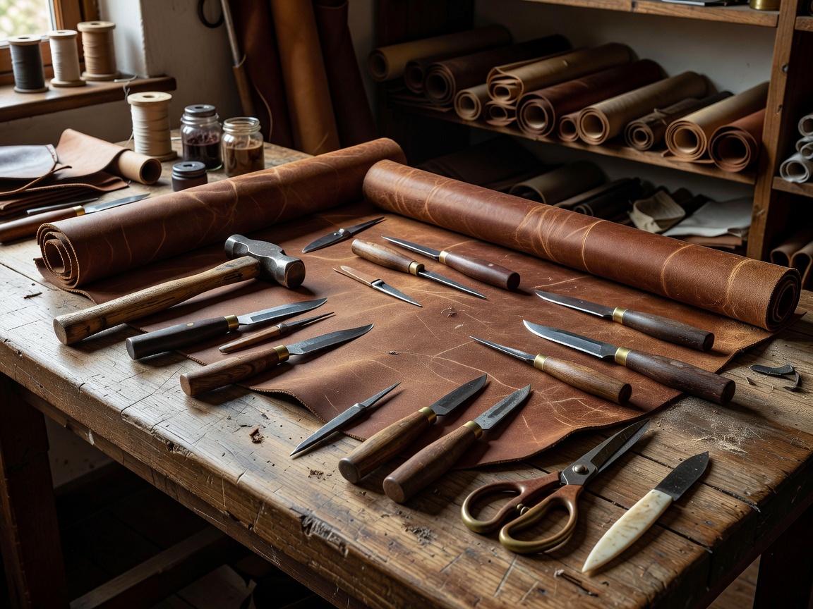 Leather hide and hand tools arranged on an atelier cutting table