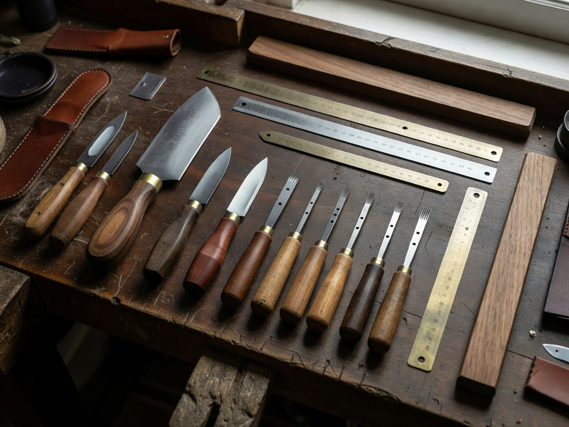 Leather knives, pricking irons and rulers arranged on a workbench