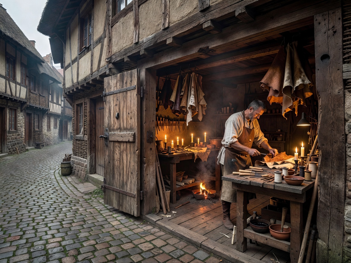 Leather workshop street and open studio door in a European setting