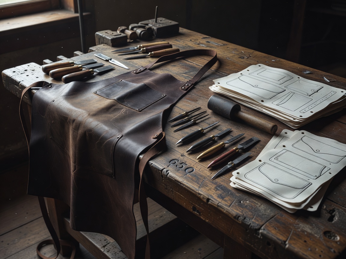 Leather workshop tools beside an apron and project templates