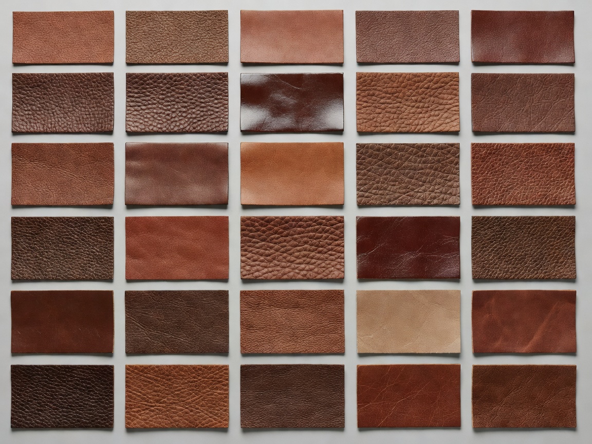 Organised leather swatches showing different grains and finishes