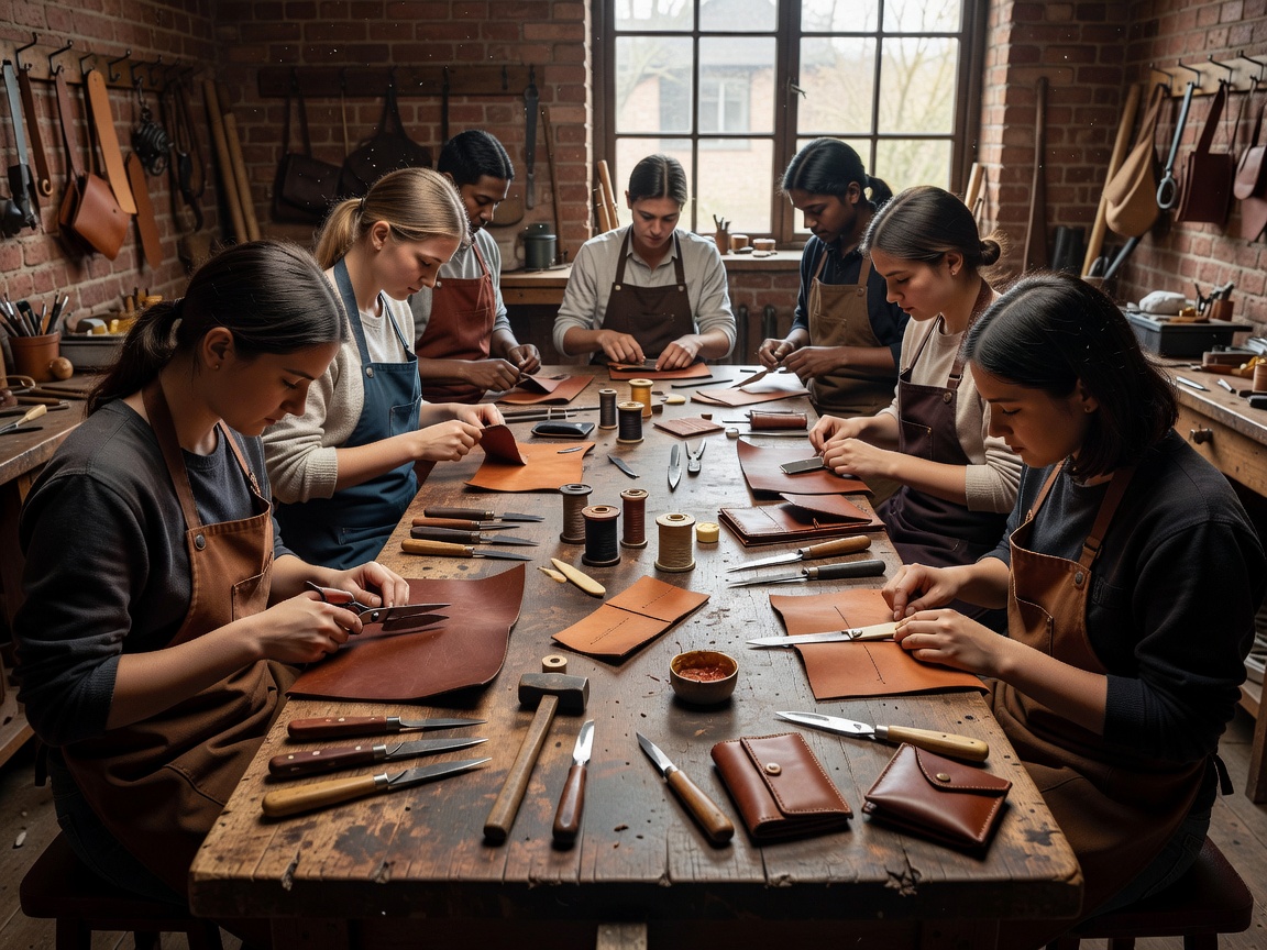 Small leather class with shared workbench, tools and project pieces