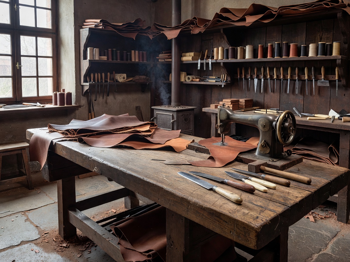 Traditional European leather workshop interior with cutting bench